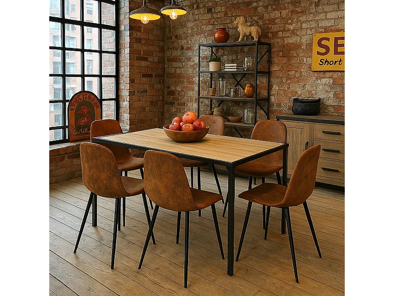 URBAN MEUBLE Ensemble table à manger bois clair et 6 chaises suède brun