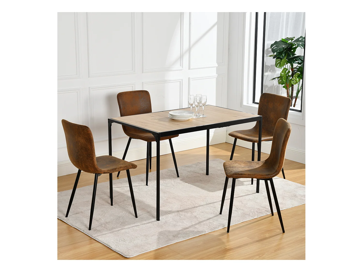 URBAN MEUBLE Ensemble table à manger chêne clair et 4 chaises suède brun