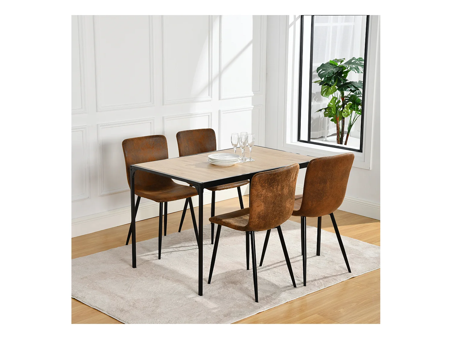 URBAN MEUBLE Ensemble table à manger chêne clair et 4 chaises suède brun