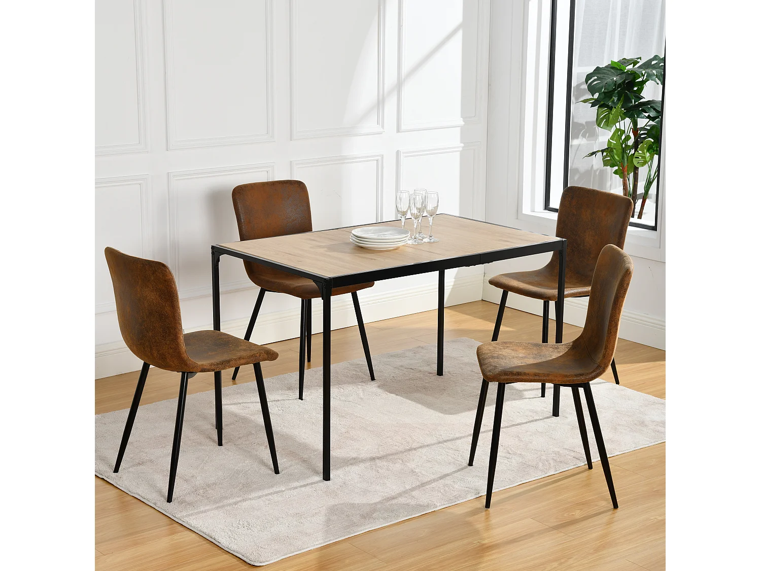 URBAN MEUBLE Ensemble table à manger chêne clair et 4 chaises suède brun