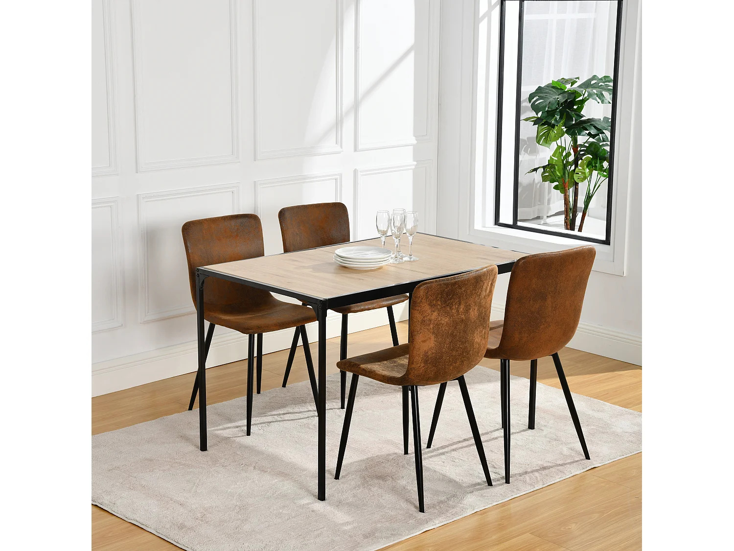 URBAN MEUBLE Ensemble table à manger chêne clair et 4 chaises suède brun