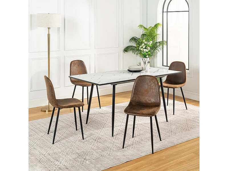 URBAN MEUBLE Ensemble table extensible marbre blanc et 4 chaises suède brun