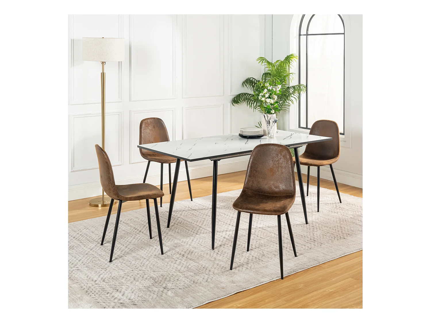 URBAN MEUBLE Ensemble table extensible marbre blanc et 4 chaises suède brun