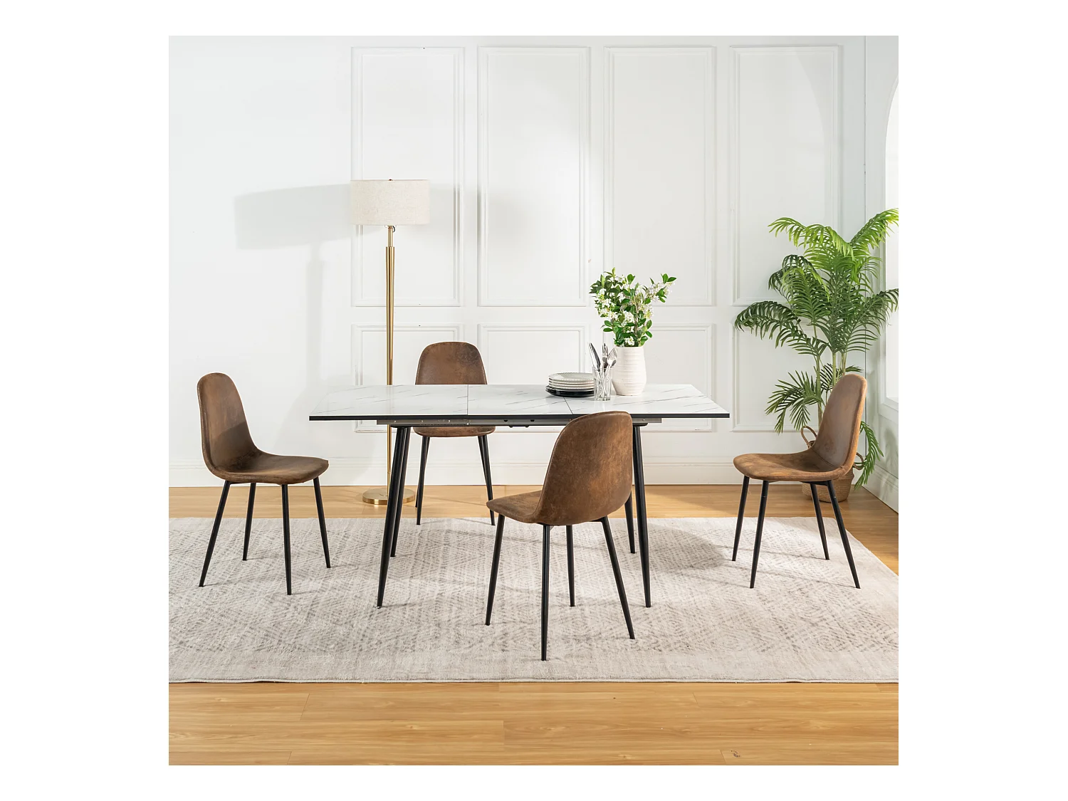 URBAN MEUBLE Ensemble table extensible marbre blanc et 4 chaises suède brun