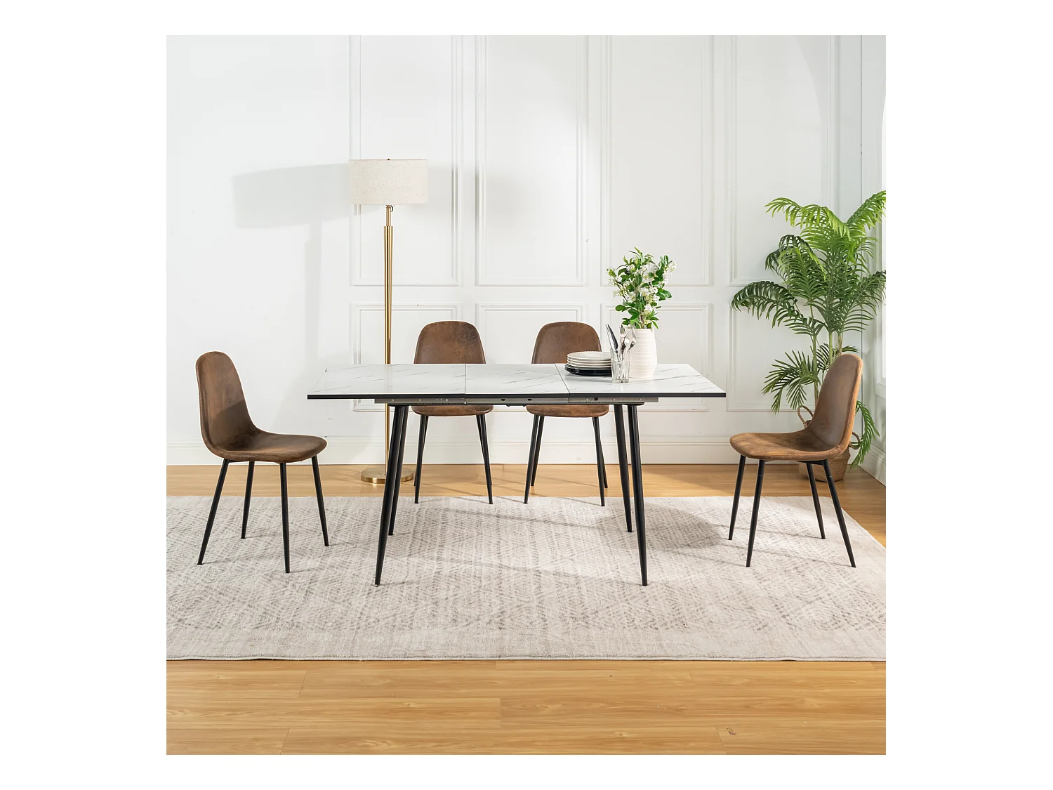 URBAN MEUBLE Ensemble table extensible marbre blanc et 4 chaises suède brun