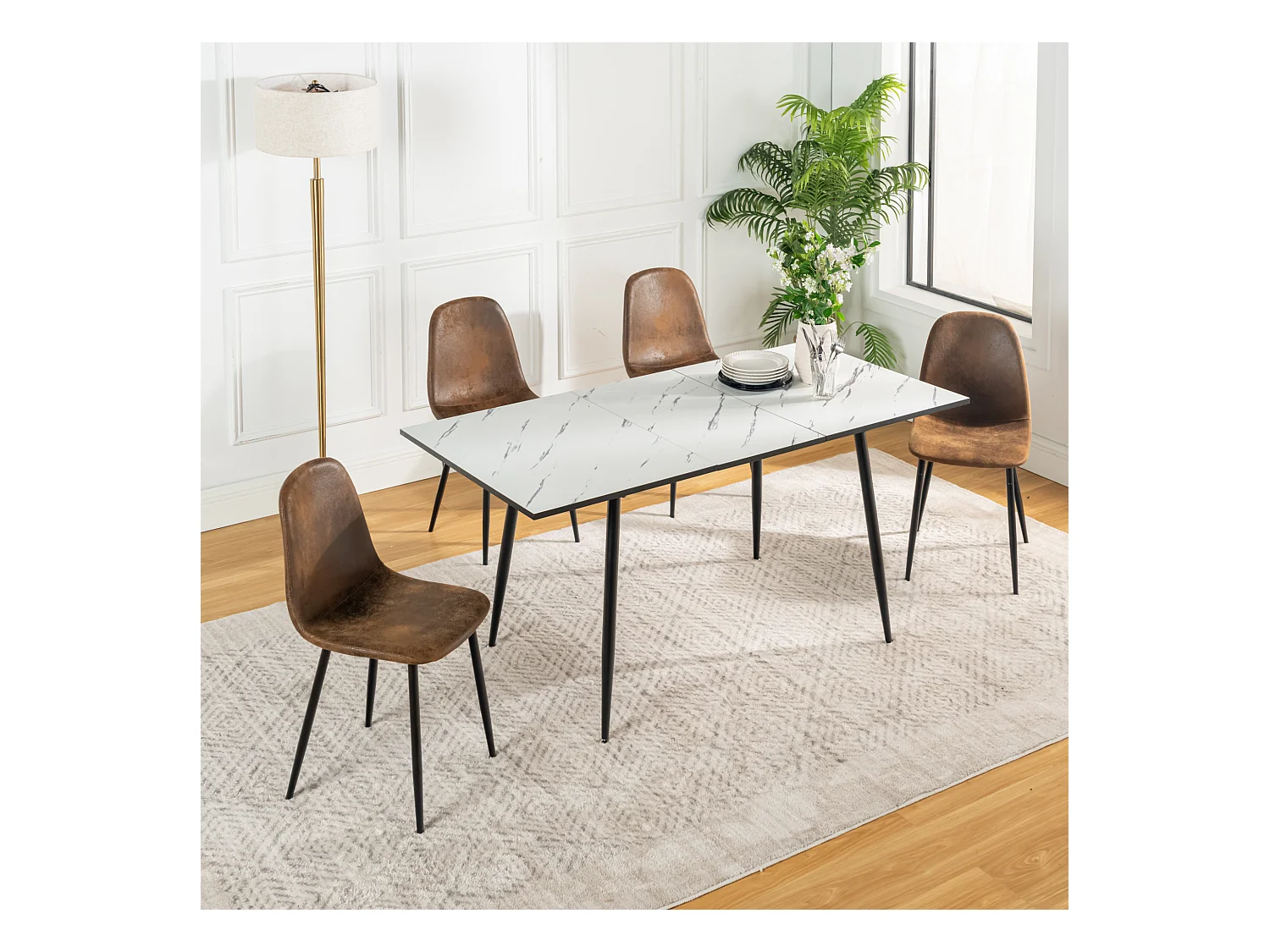 URBAN MEUBLE Ensemble table extensible marbre blanc et 4 chaises suède brun