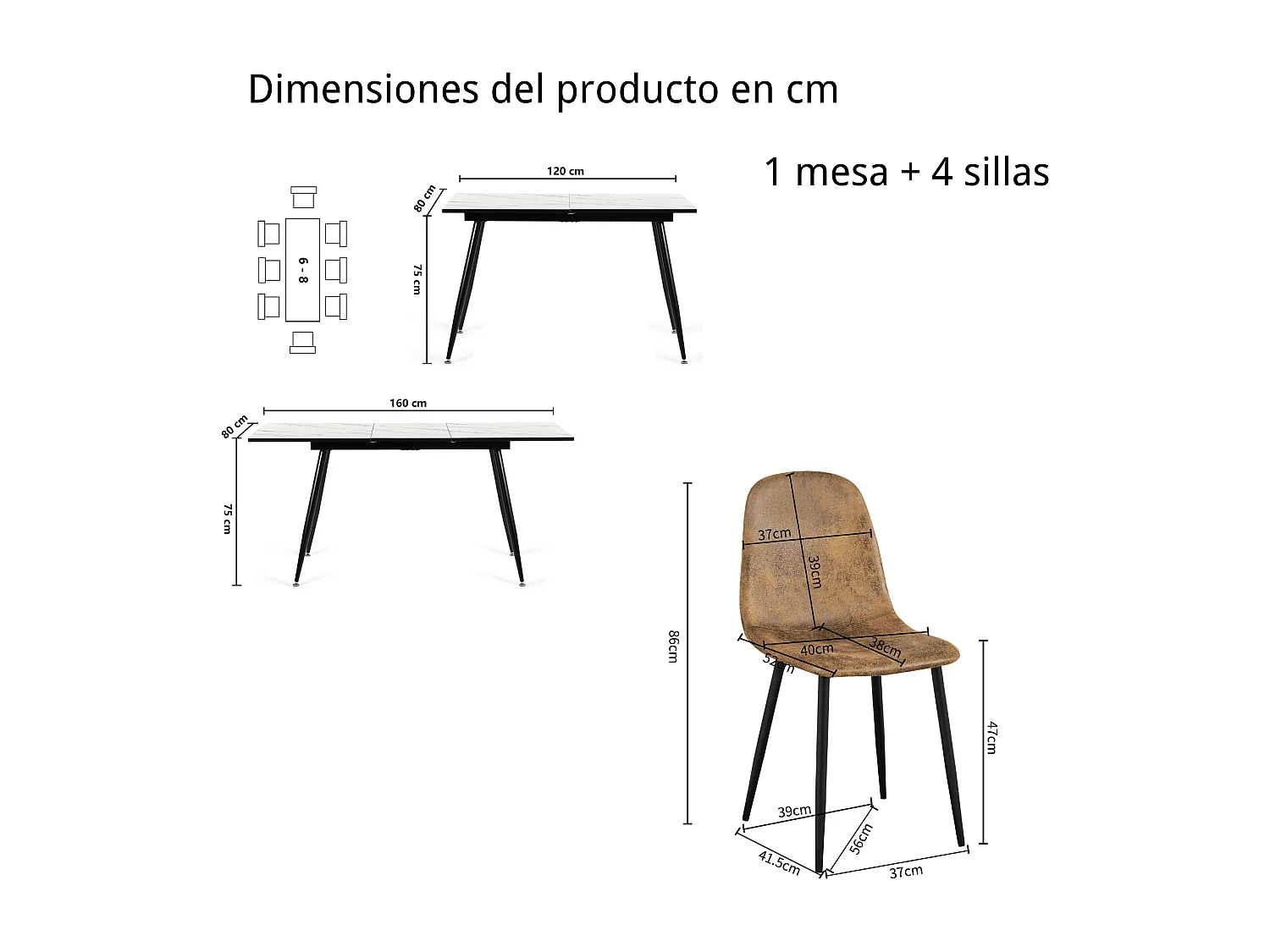 URBAN MEUBLE Ensemble table extensible marbre blanc et 4 chaises suède brun
