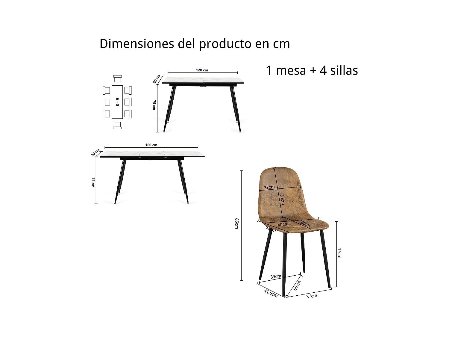 URBAN MEUBLE Ensemble table extensible marbre blanc et 4 chaises suède brun