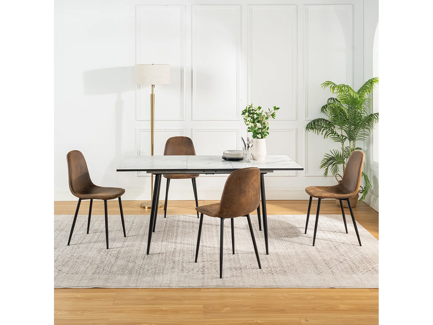 URBAN MEUBLE Ensemble table extensible marbre blanc et 4 chaises suède brun