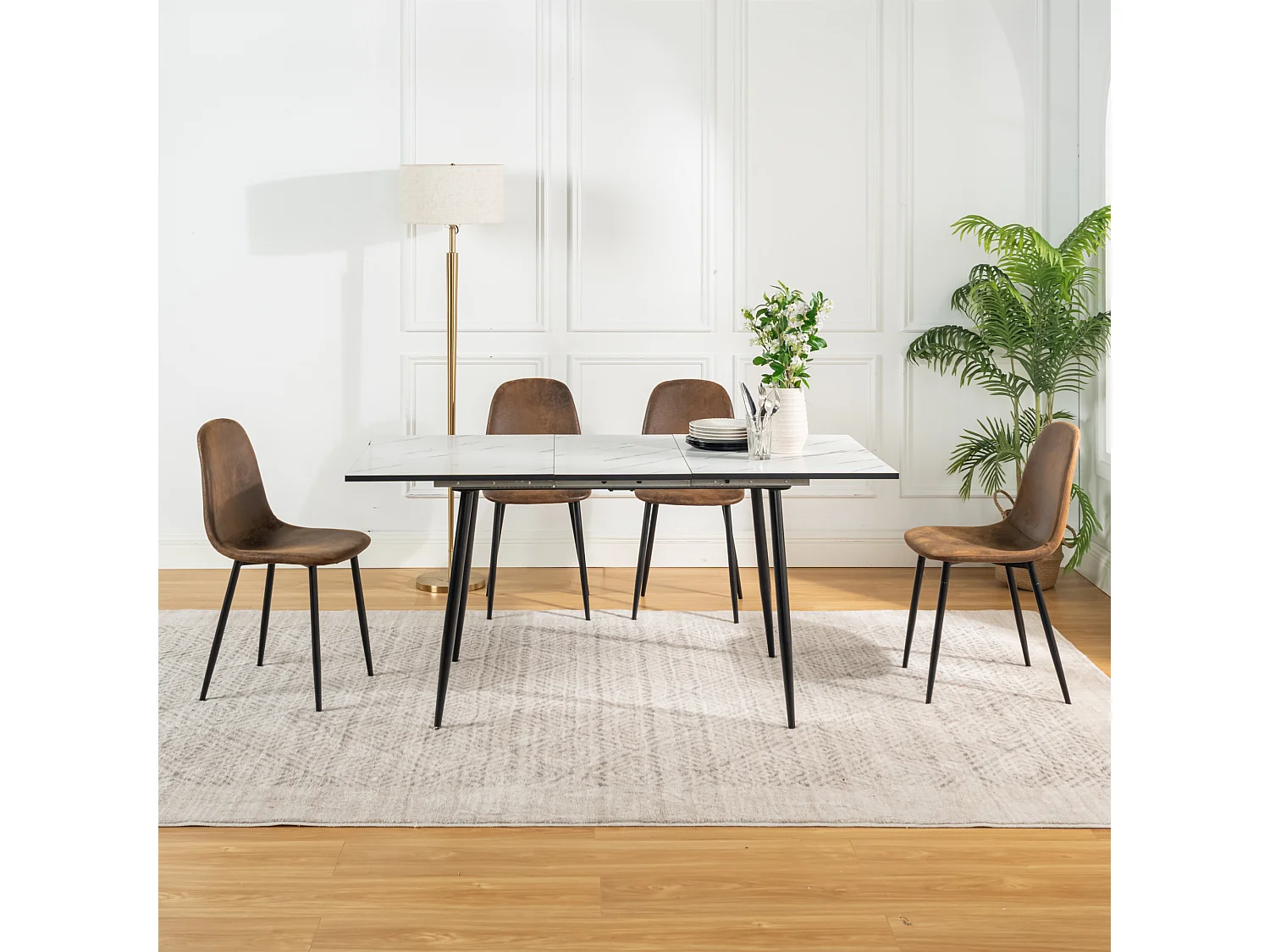 URBAN MEUBLE Ensemble table extensible marbre blanc et 4 chaises suède brun