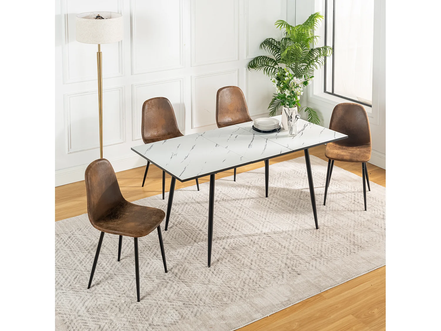 URBAN MEUBLE Ensemble table extensible marbre blanc et 4 chaises suède brun