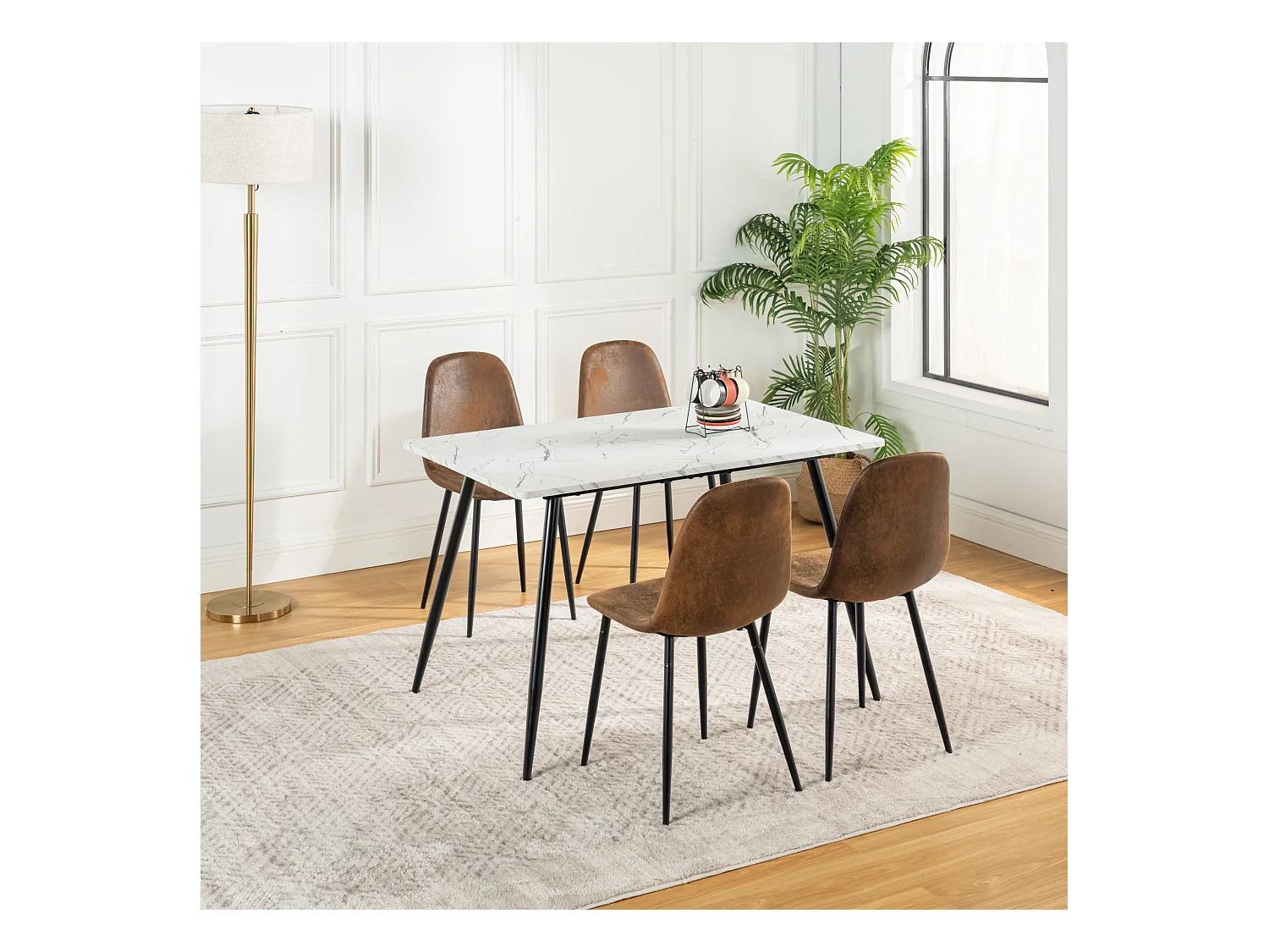 URBAN MEUBLE Ensemble table effet marbre blanc et 4 chaises vintage marron