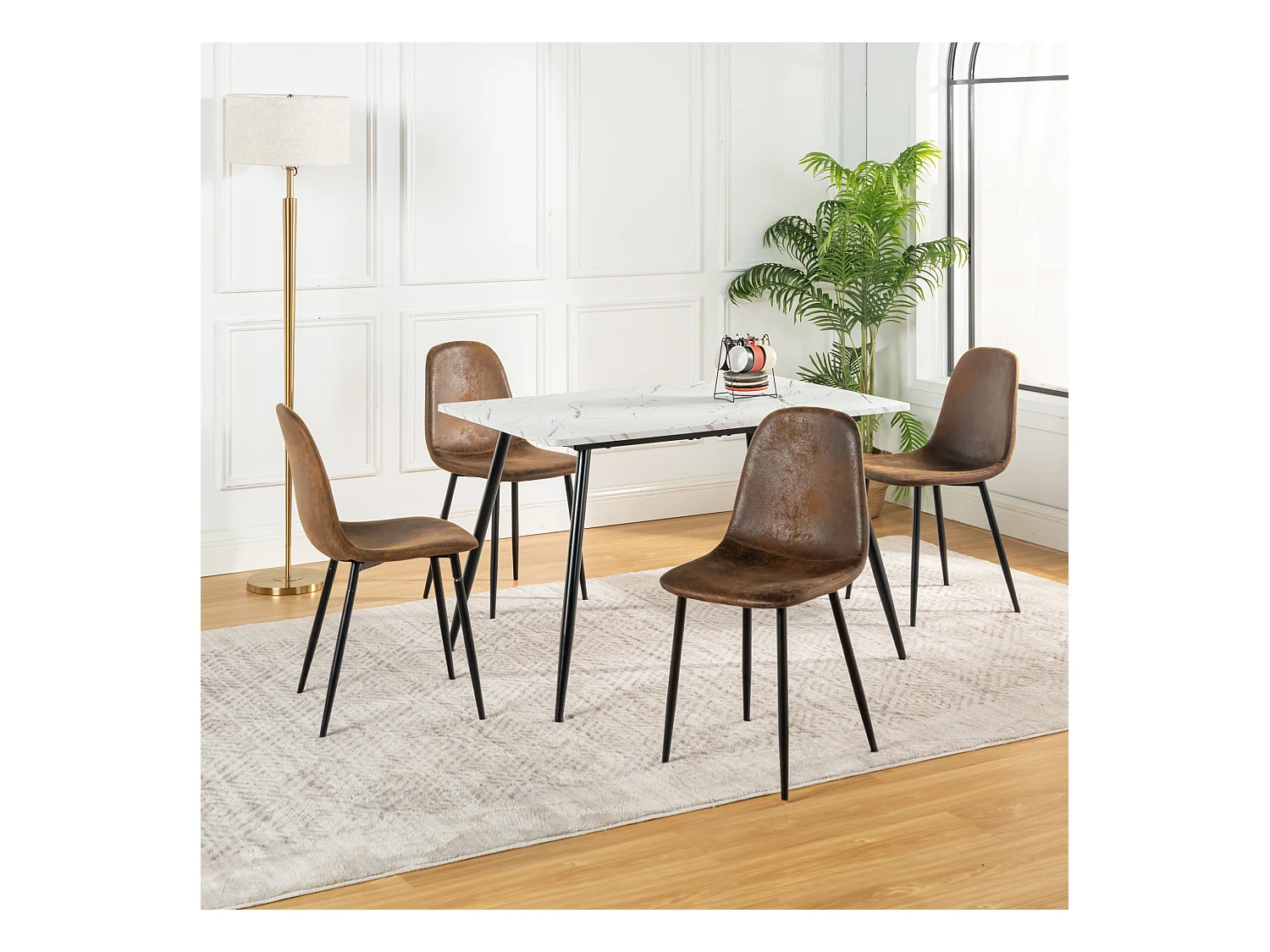 URBAN MEUBLE Ensemble table effet marbre blanc et 4 chaises vintage marron