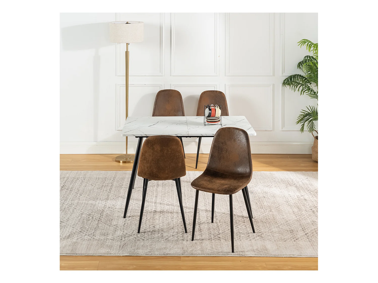 URBAN MEUBLE Ensemble table effet marbre blanc et 4 chaises vintage marron