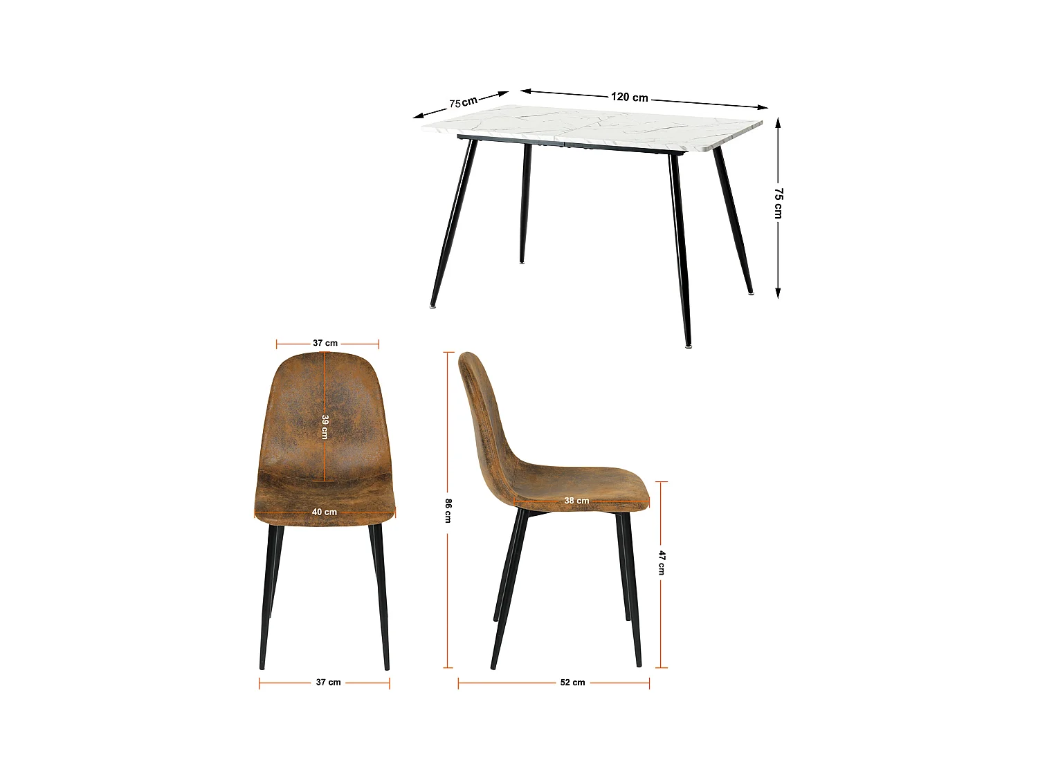 URBAN MEUBLE Ensemble table effet marbre blanc et 4 chaises vintage marron