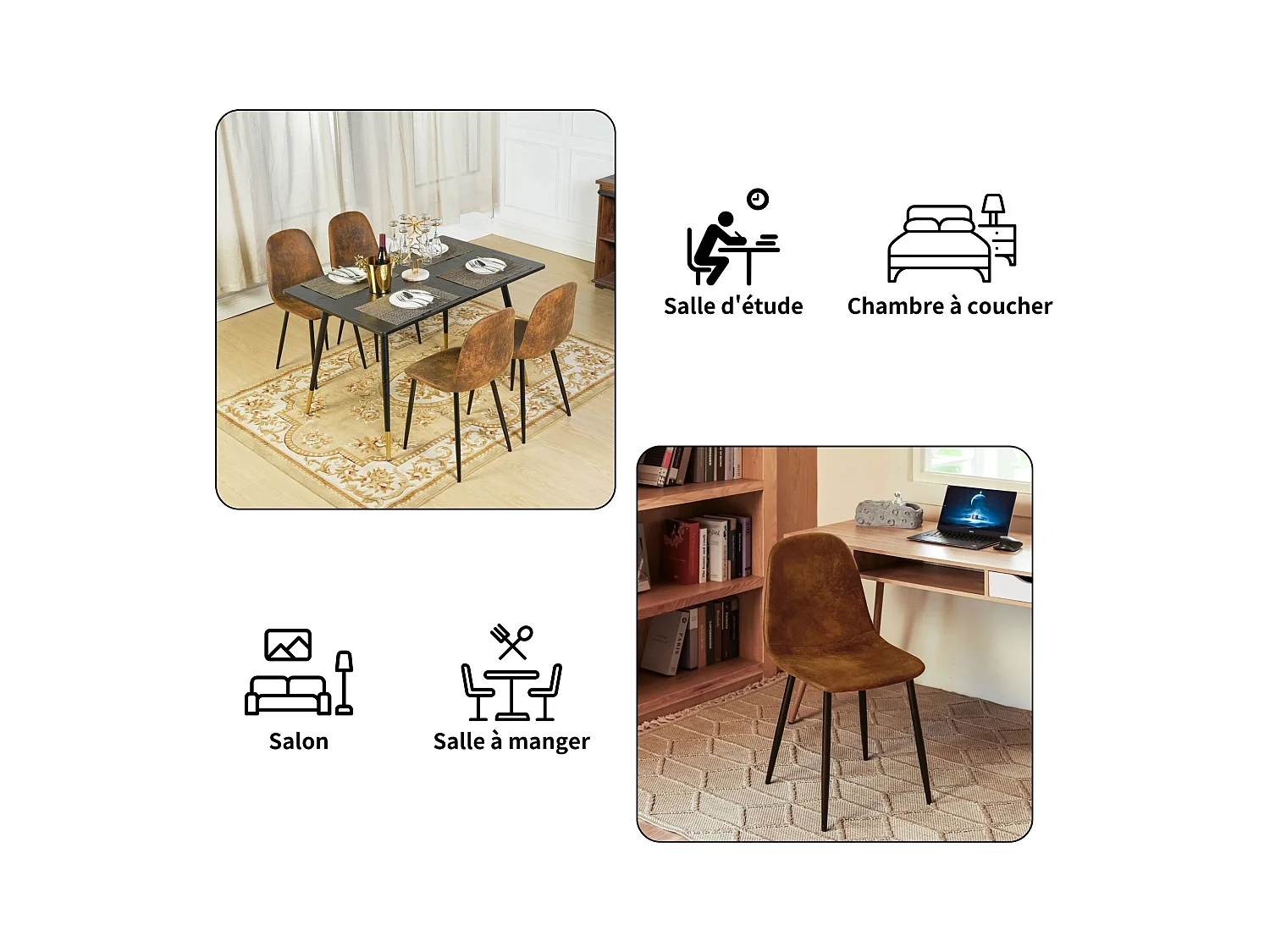 URBAN MEUBLE Ensemble table effet marbre blanc et 4 chaises vintage marron