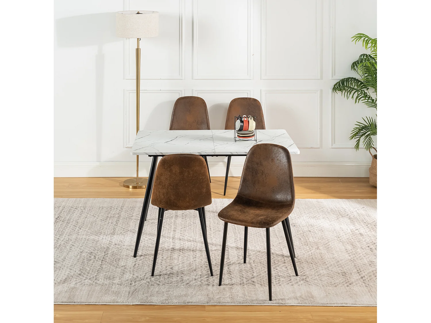 URBAN MEUBLE Ensemble table effet marbre blanc et 4 chaises vintage marron