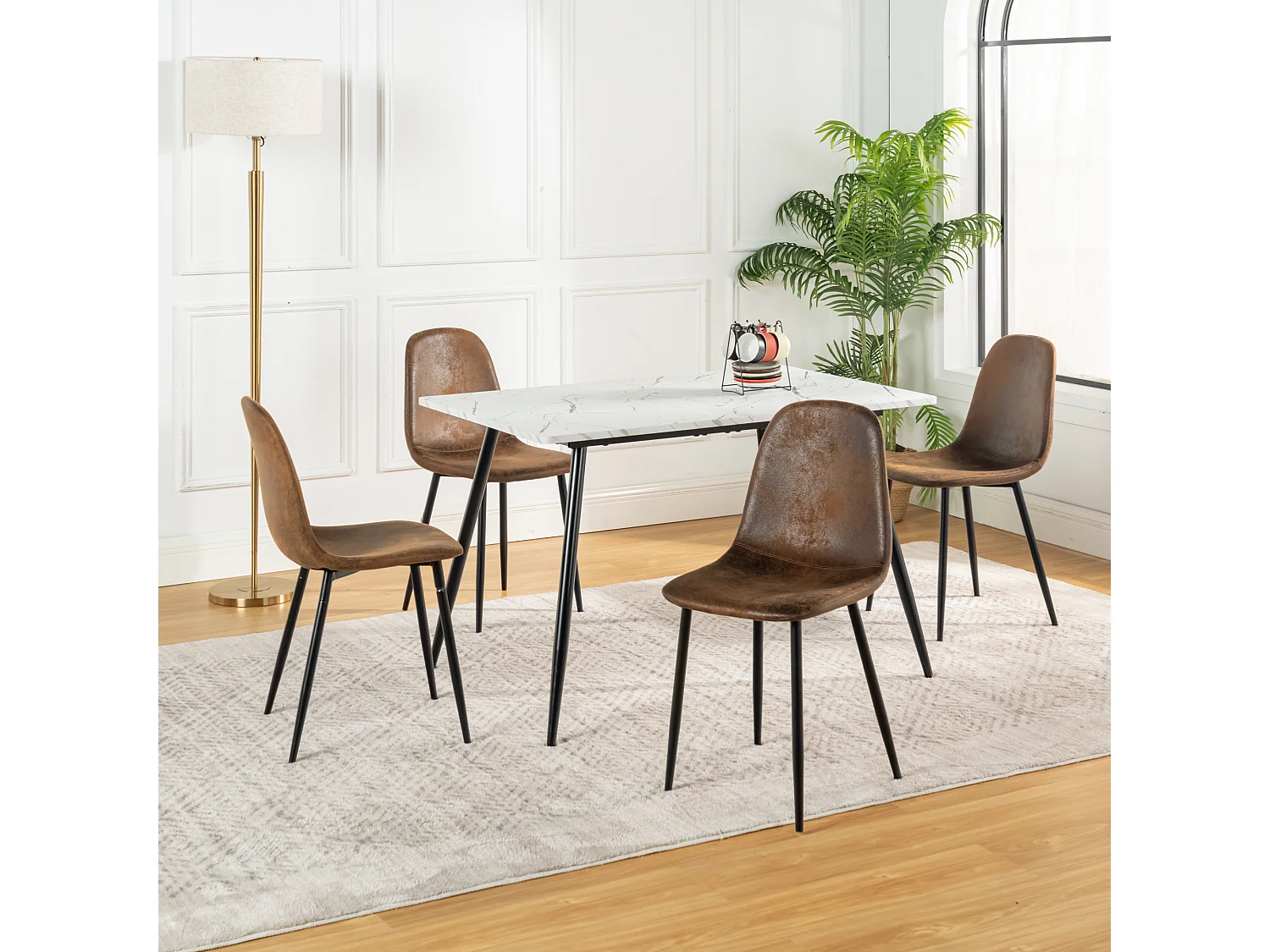 URBAN MEUBLE Ensemble table effet marbre blanc et 4 chaises vintage marron