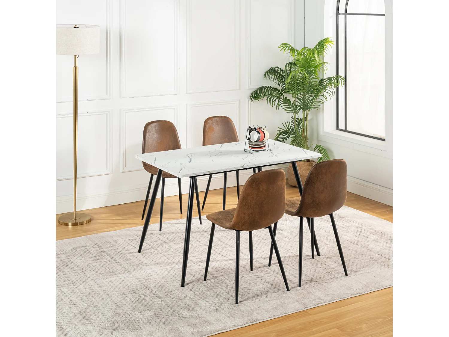 URBAN MEUBLE Ensemble table effet marbre blanc et 4 chaises vintage marron