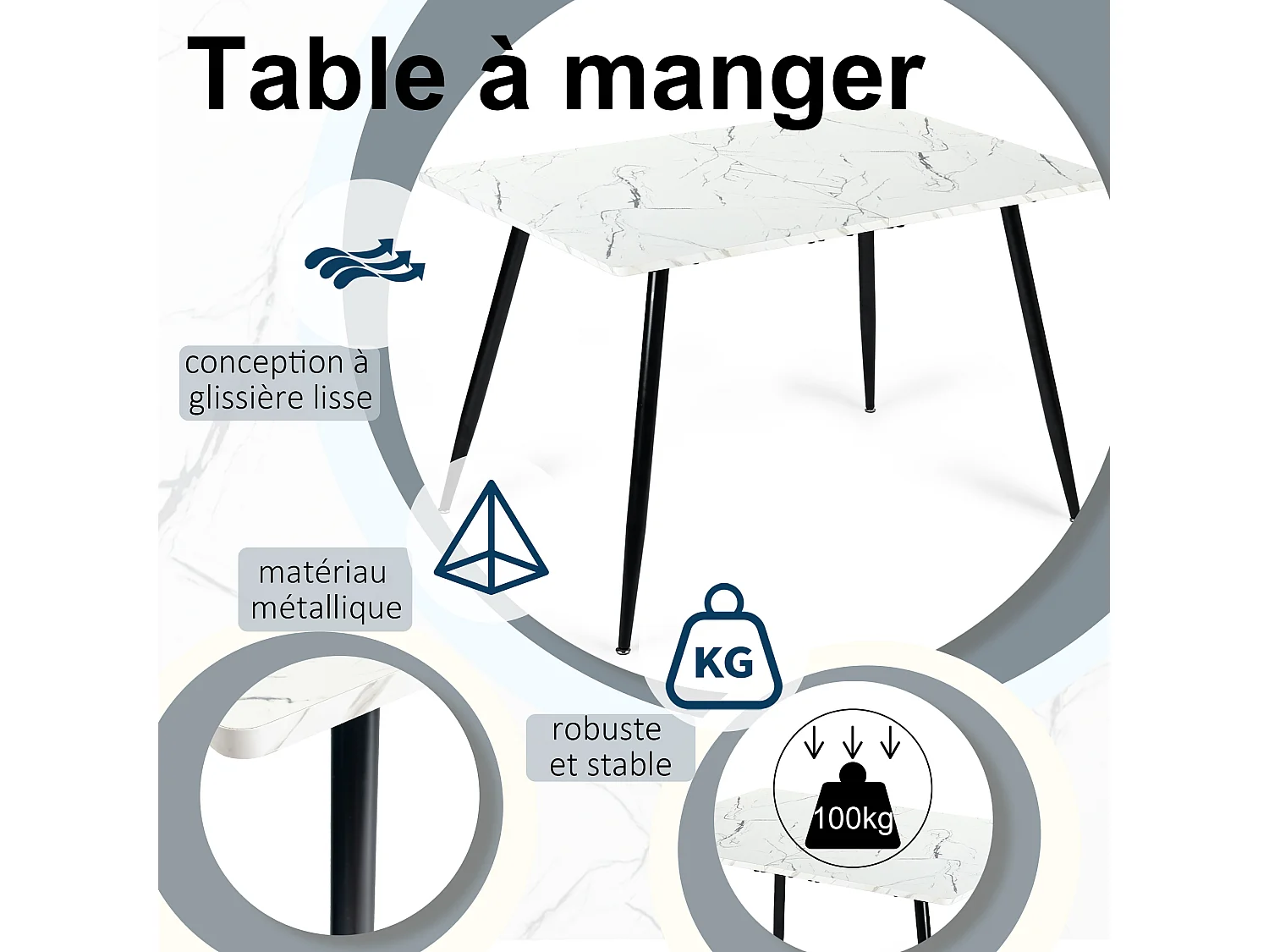 URBAN MEUBLE Ensemble table effet marbre blanc et 4 chaises vintage marron