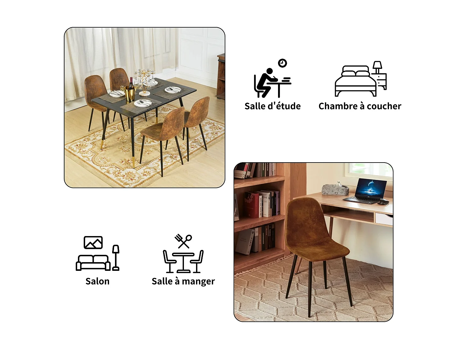 URBAN MEUBLE Ensemble table effet marbre blanc et 4 chaises vintage marron