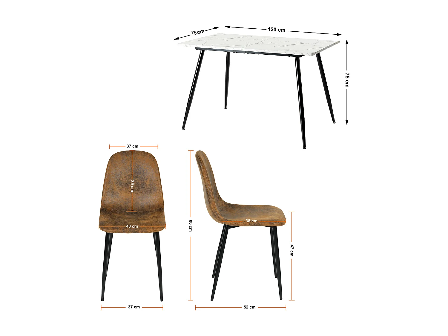 URBAN MEUBLE Ensemble table effet marbre blanc et 4 chaises vintage marron