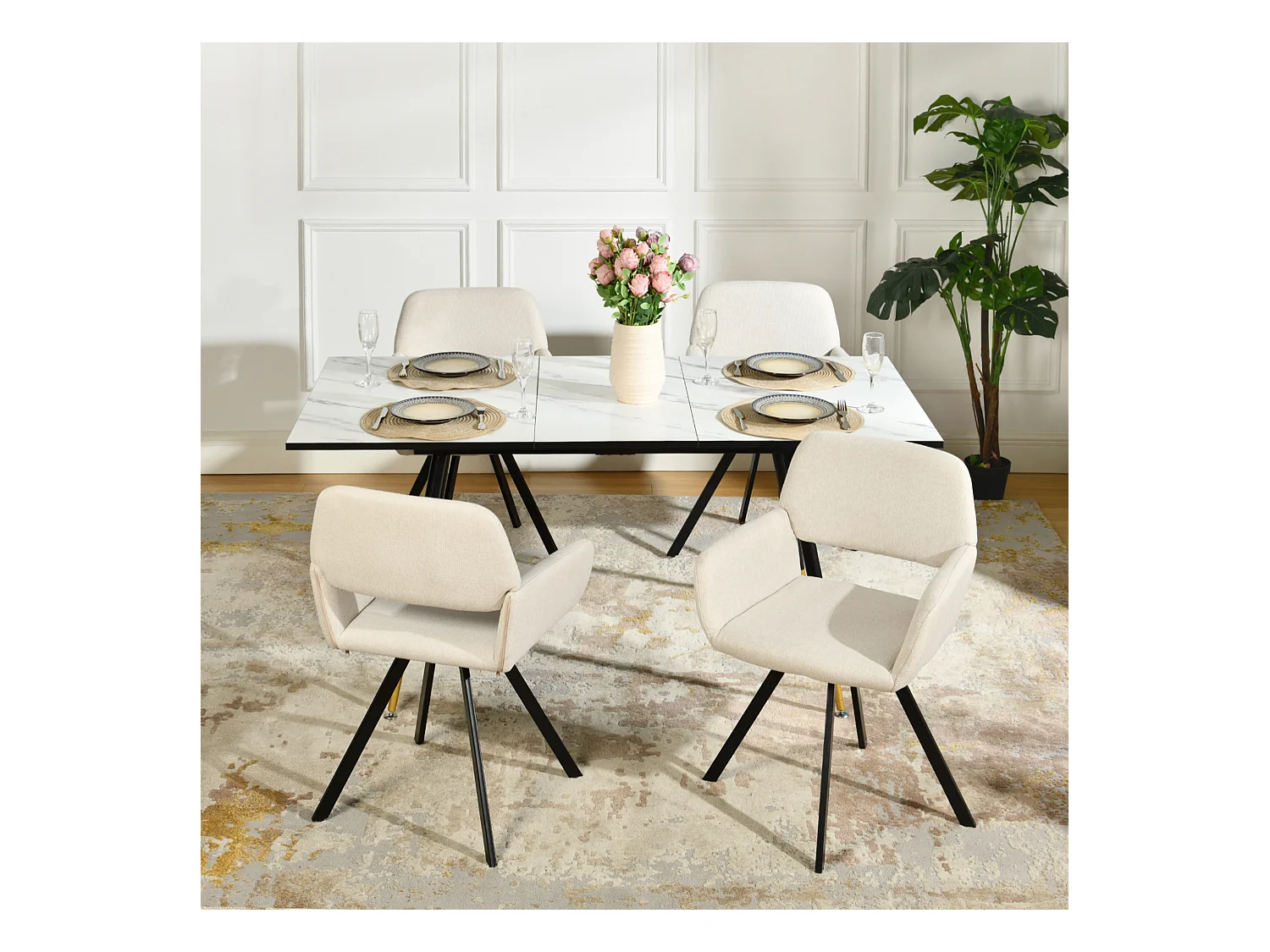URBAN MEUBLE Ensemble table extensible effet marbre blanc et 4 chaises beige pivotantes