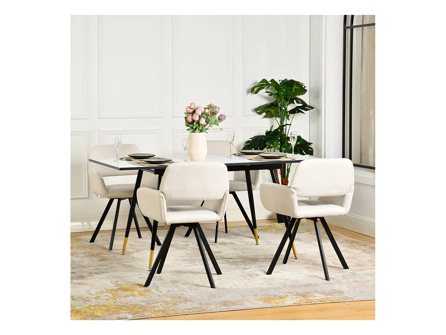 URBAN MEUBLE Ensemble table extensible effet marbre blanc et 4 chaises beige pivotantes