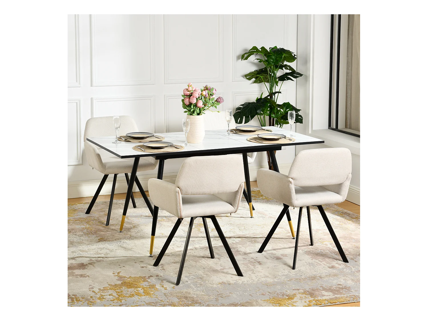 URBAN MEUBLE Ensemble table extensible effet marbre blanc et 4 chaises beige pivotantes