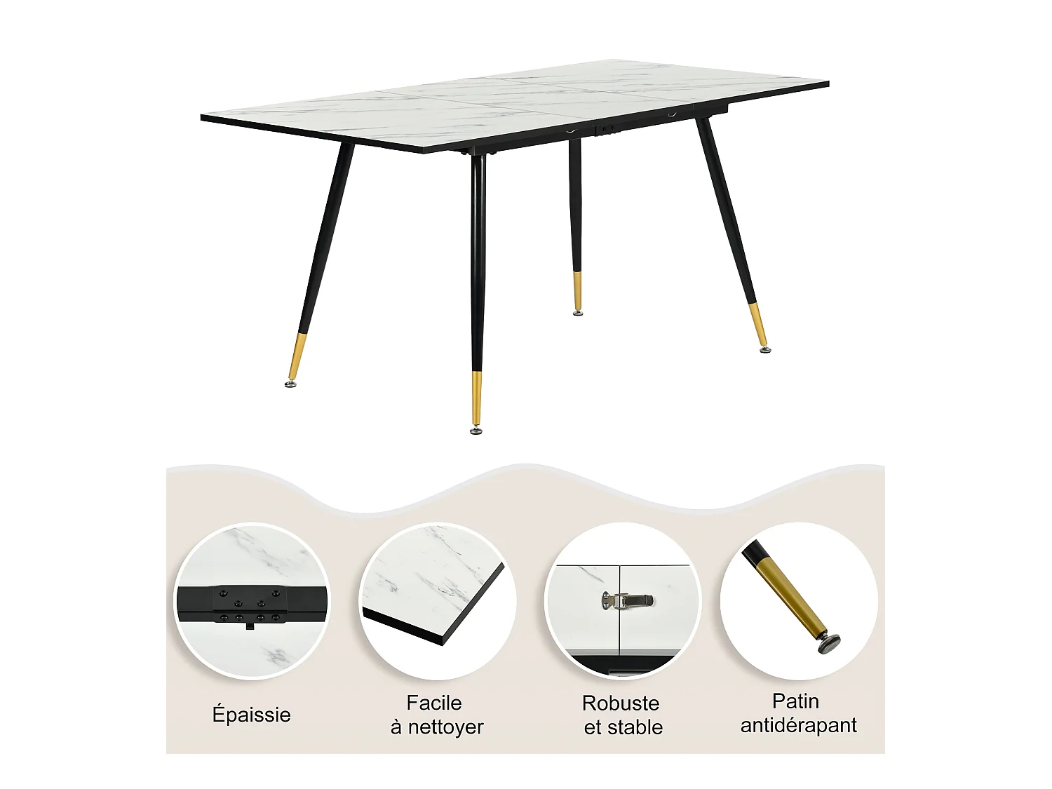 URBAN MEUBLE Ensemble table extensible effet marbre blanc et 4 chaises beige pivotantes