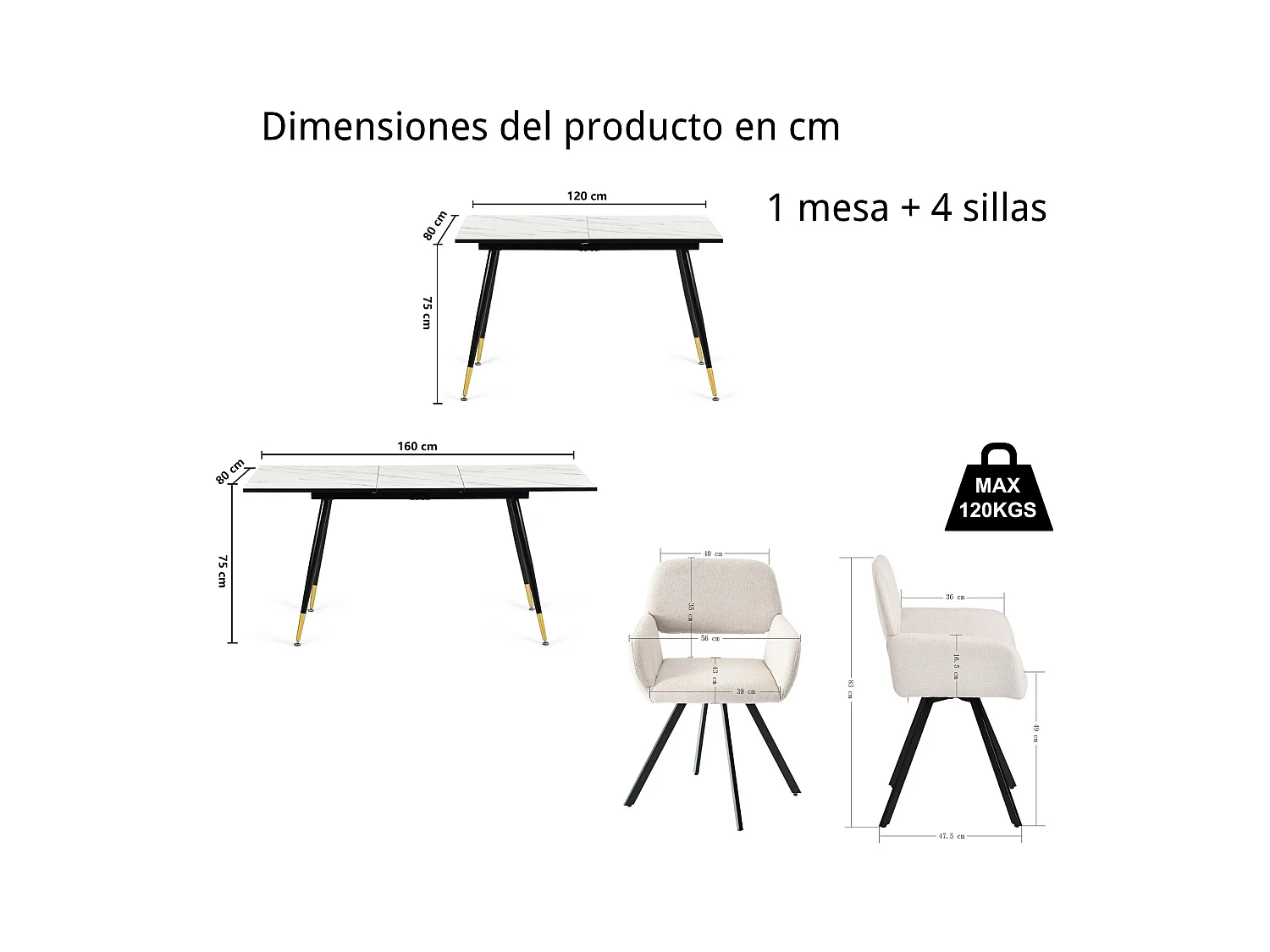 URBAN MEUBLE Ensemble table extensible effet marbre blanc et 4 chaises beige pivotantes