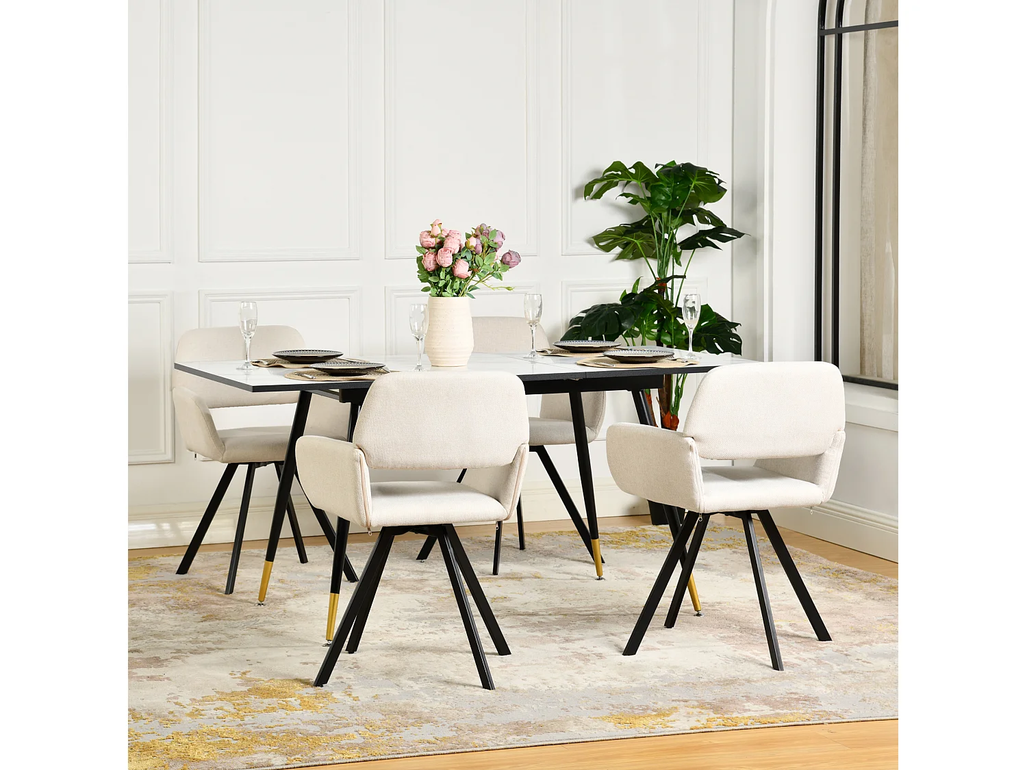 URBAN MEUBLE Ensemble table extensible effet marbre blanc et 4 chaises beige pivotantes