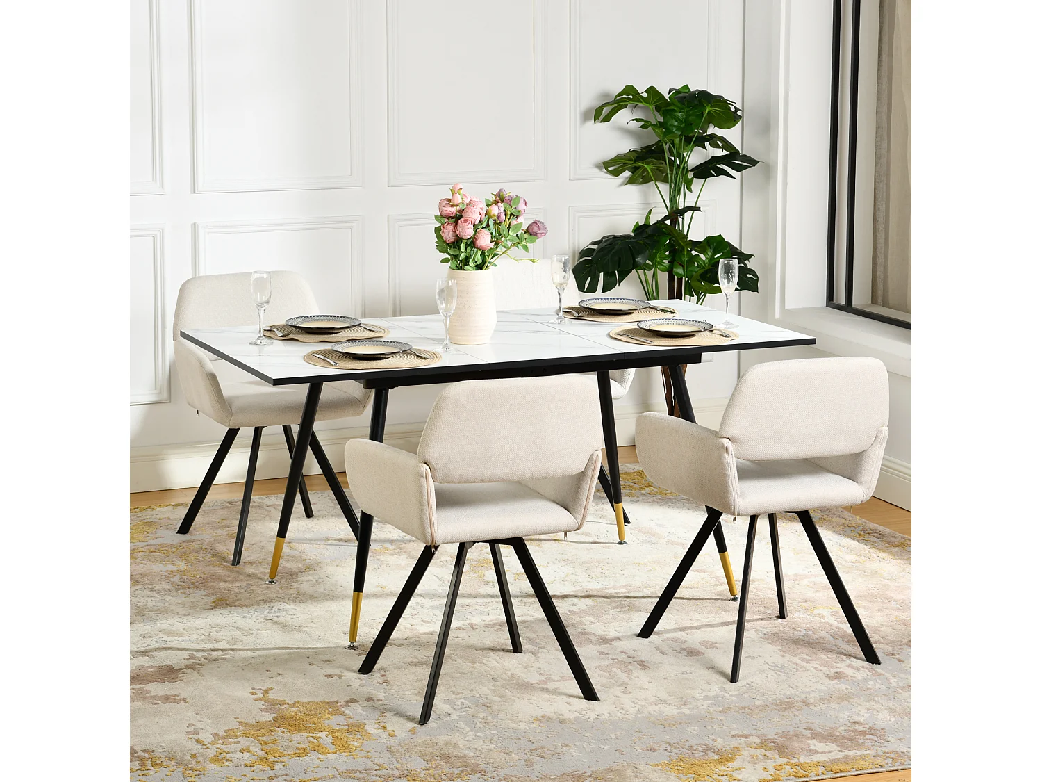 URBAN MEUBLE Ensemble table extensible effet marbre blanc et 4 chaises beige pivotantes