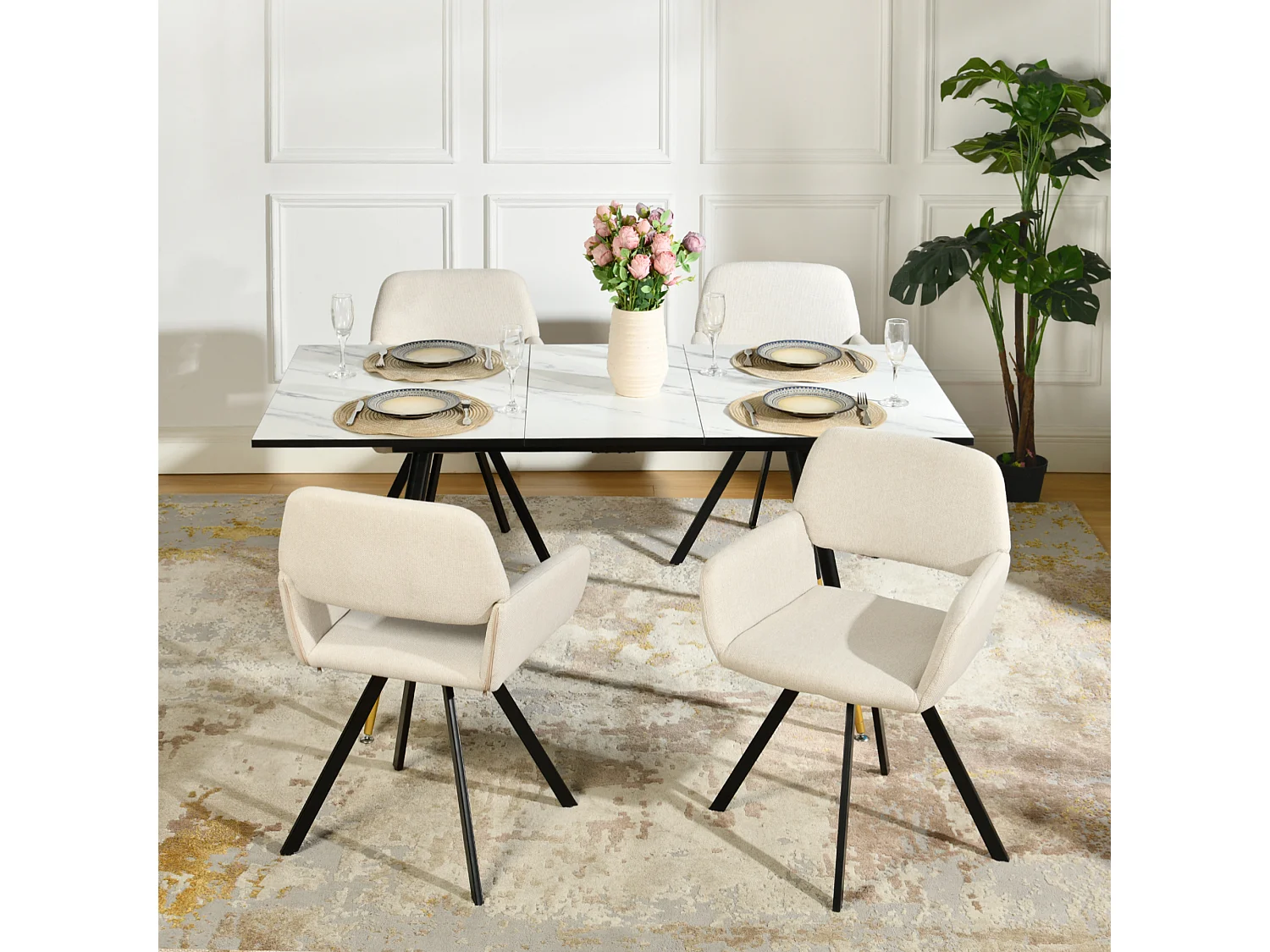 URBAN MEUBLE Ensemble table extensible effet marbre blanc et 4 chaises beige pivotantes