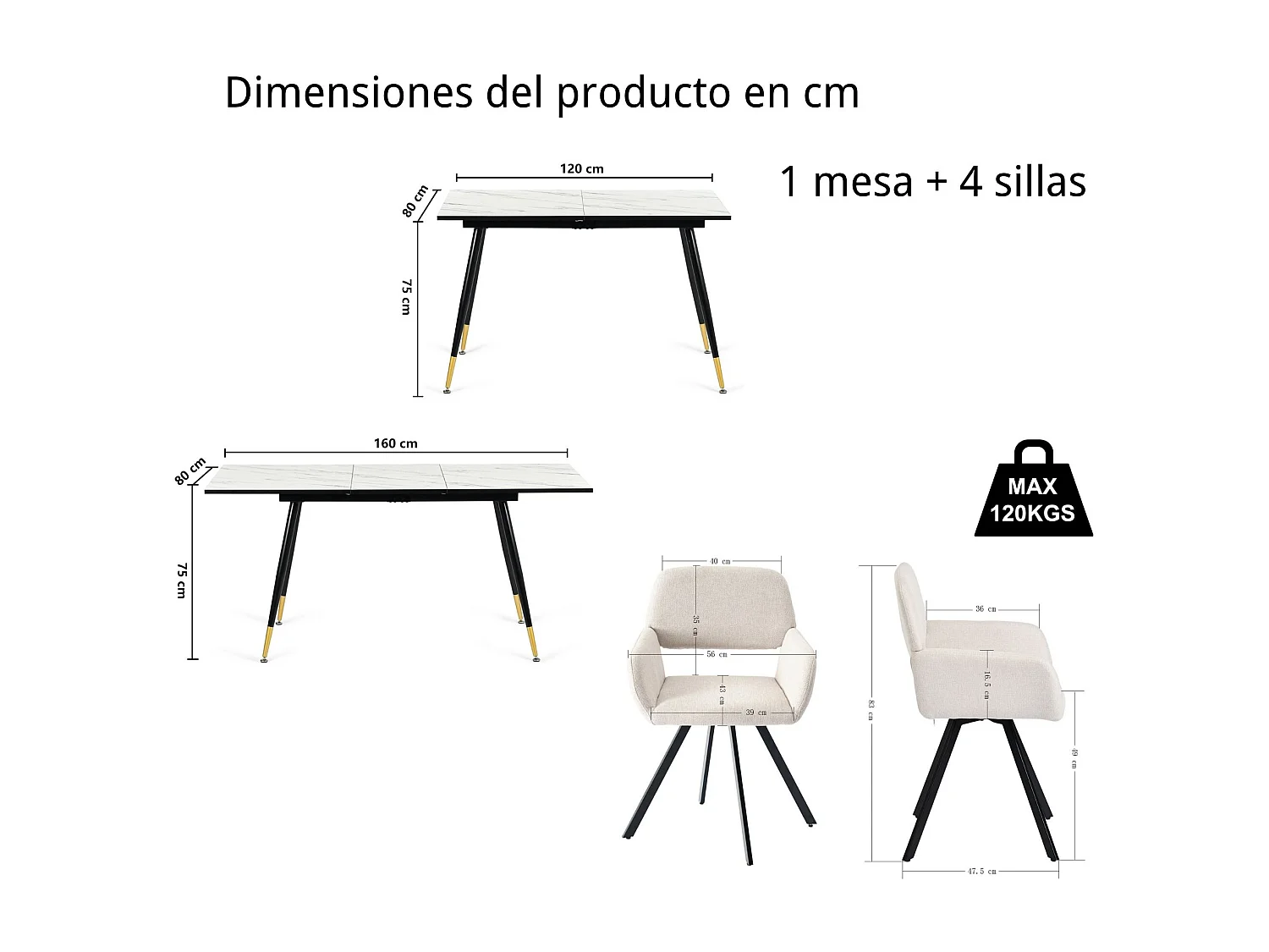 URBAN MEUBLE Ensemble table extensible effet marbre blanc et 4 chaises beige pivotantes