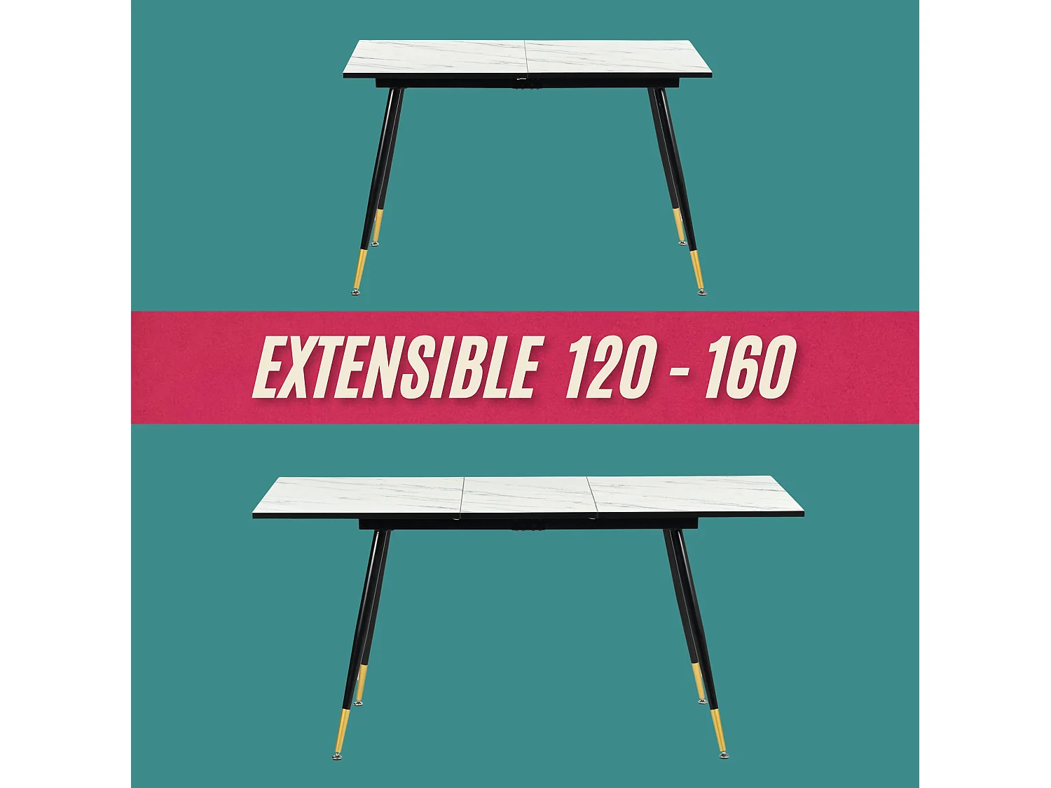 URBAN MEUBLE Ensemble table extensible effet marbre blanc et 4 chaises beige pivotantes