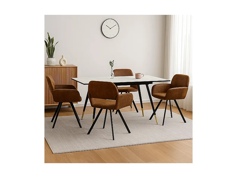 URBAN MEUBLE Ensemble table extensible effet marbre blanc et 4 chaises marron vintage
