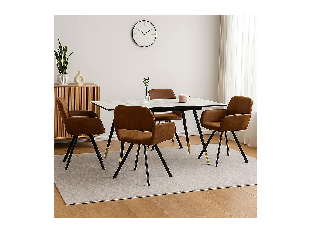 URBAN MEUBLE Ensemble table extensible effet marbre blanc et 4 chaises marron vintage