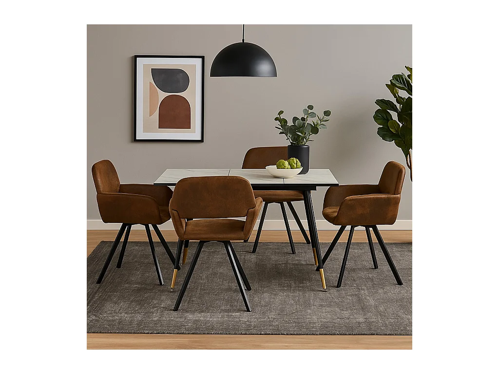 URBAN MEUBLE Ensemble table extensible effet marbre blanc et 4 chaises marron vintage