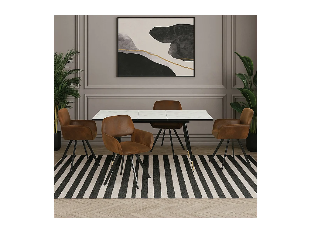 URBAN MEUBLE Ensemble table extensible effet marbre blanc et 4 chaises marron vintage