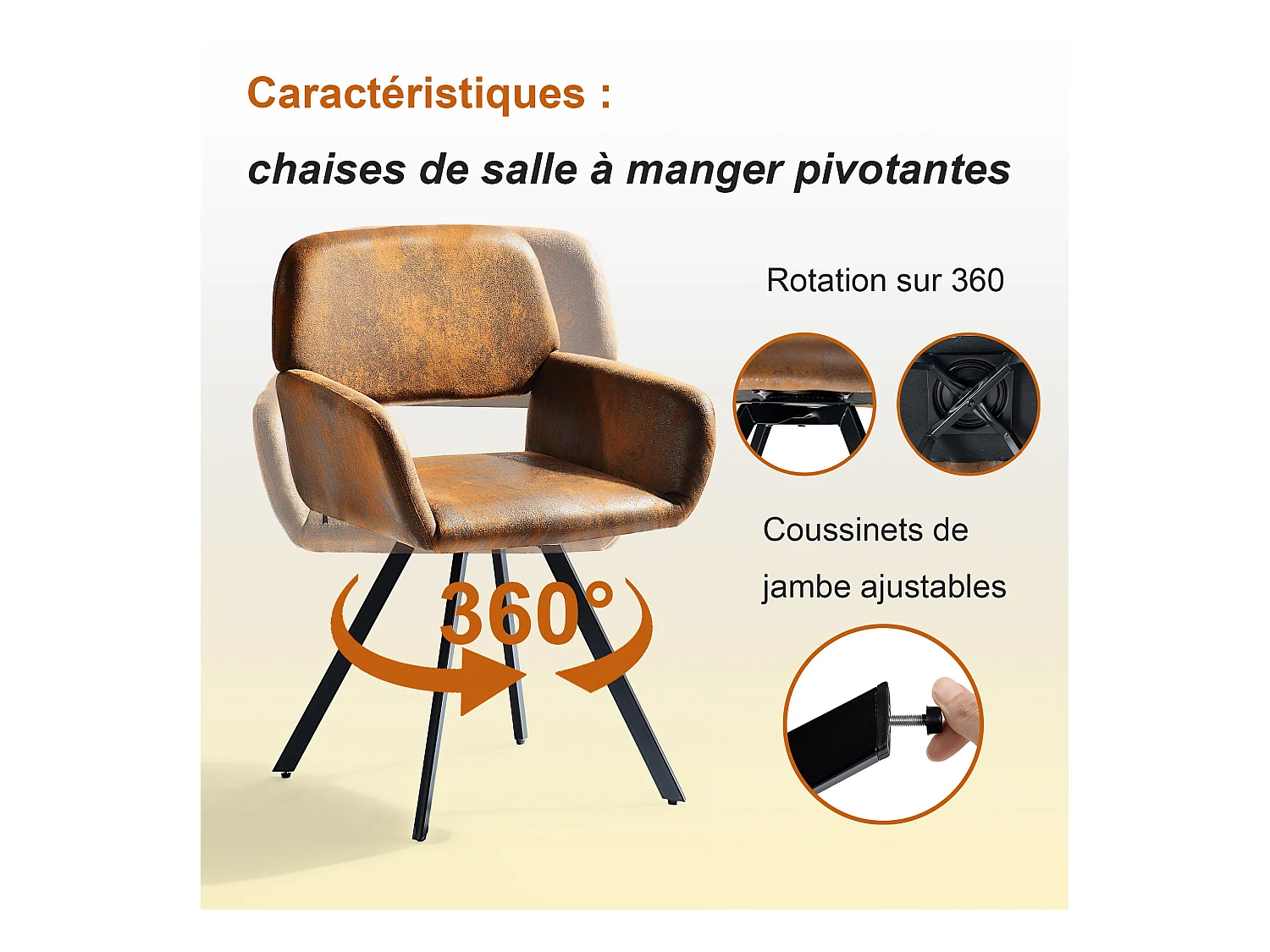 URBAN MEUBLE Ensemble table extensible effet marbre blanc et 4 chaises marron vintage