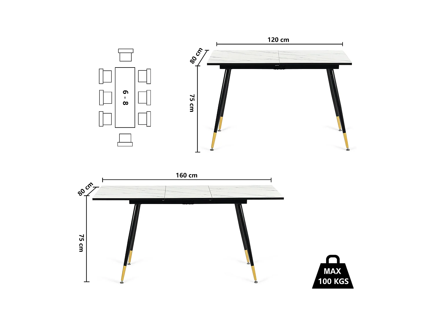 URBAN MEUBLE Ensemble table extensible effet marbre blanc et 4 chaises marron vintage