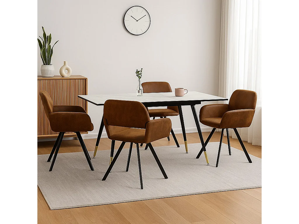 URBAN MEUBLE Ensemble table extensible effet marbre blanc et 4 chaises marron vintage