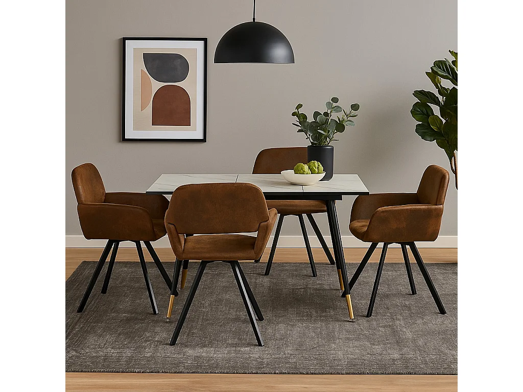 URBAN MEUBLE Ensemble table extensible effet marbre blanc et 4 chaises marron vintage