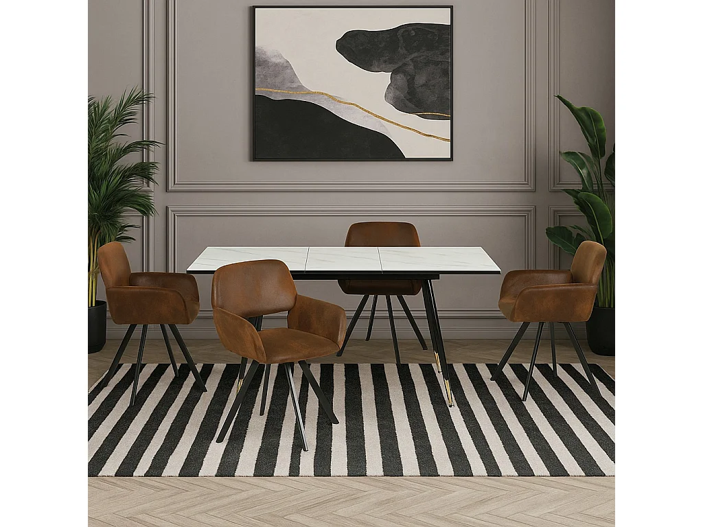 URBAN MEUBLE Ensemble table extensible effet marbre blanc et 4 chaises marron vintage