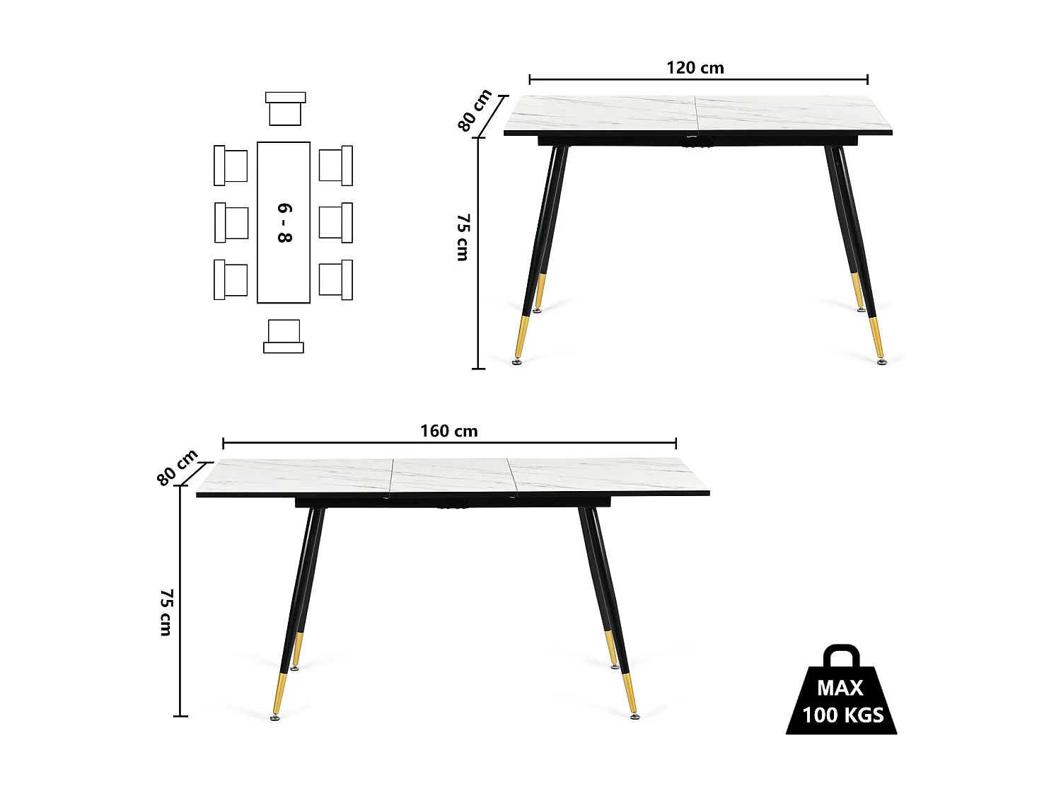 URBAN MEUBLE Ensemble table extensible effet marbre blanc et 4 chaises marron vintage