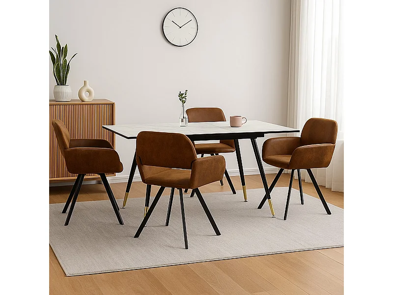 URBAN MEUBLE Ensemble table extensible effet marbre blanc et 4 chaises marron vintage