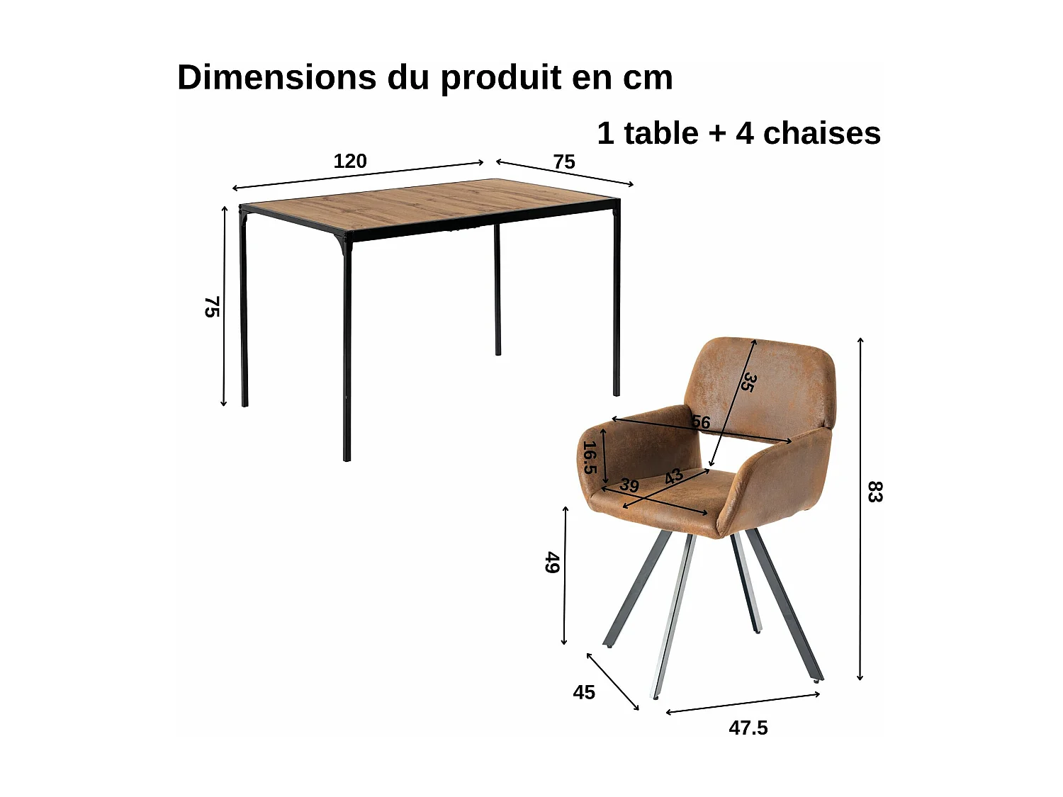 URBAN MEUBLE Ensemble de table et 4 chaises de salle à manger pivotantes style industriel et effet bois