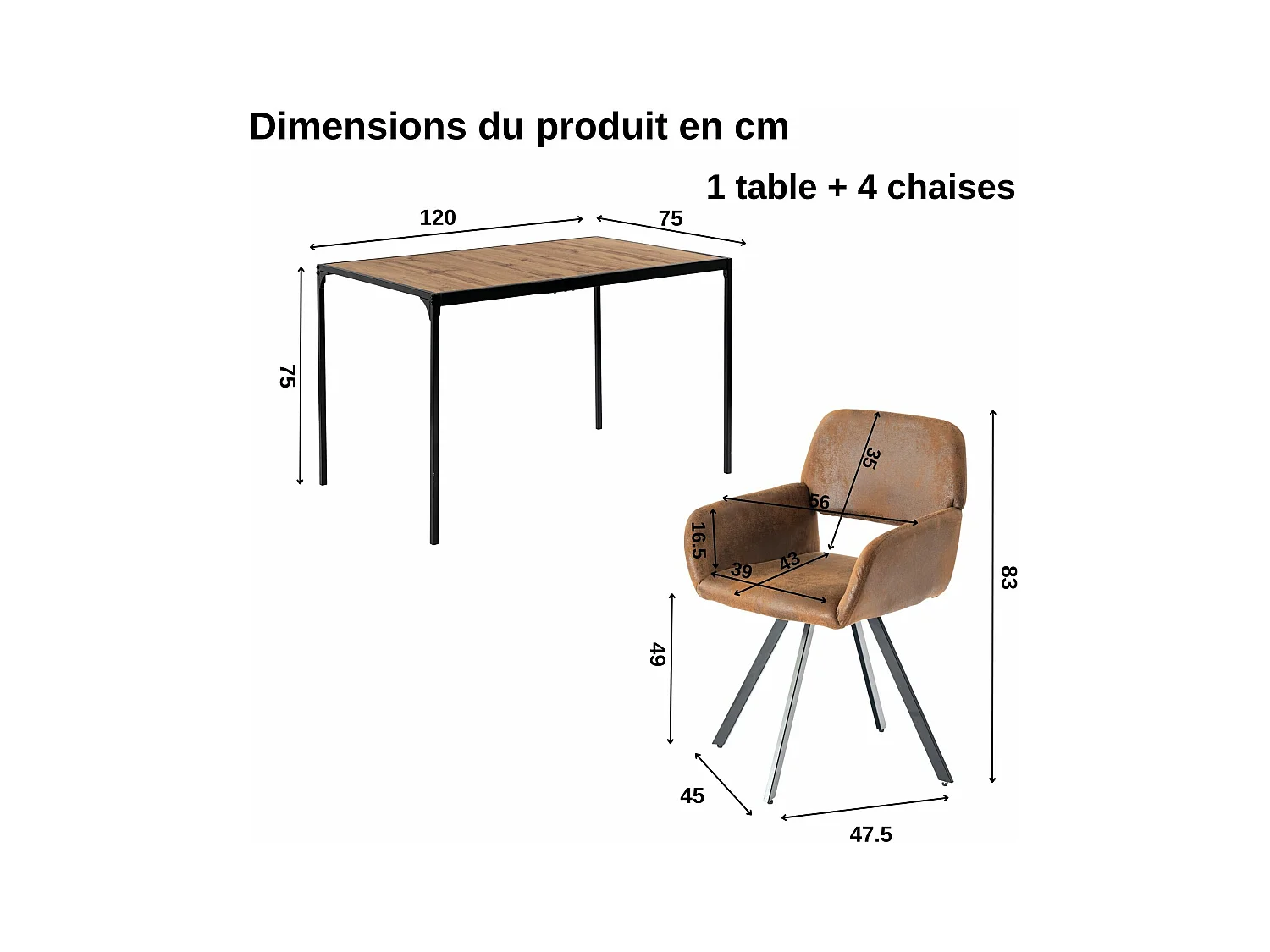 URBAN MEUBLE Ensemble de table et 4 chaises de salle à manger pivotantes style industriel et effet bois