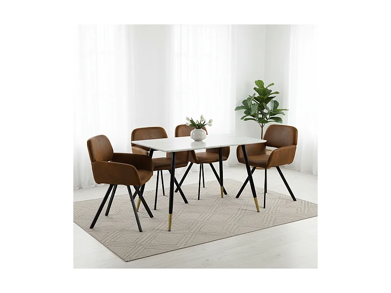 URBAN MEUBLE Ensemble table marbre blanc et 4 chaises suède brun avec accoudoirs